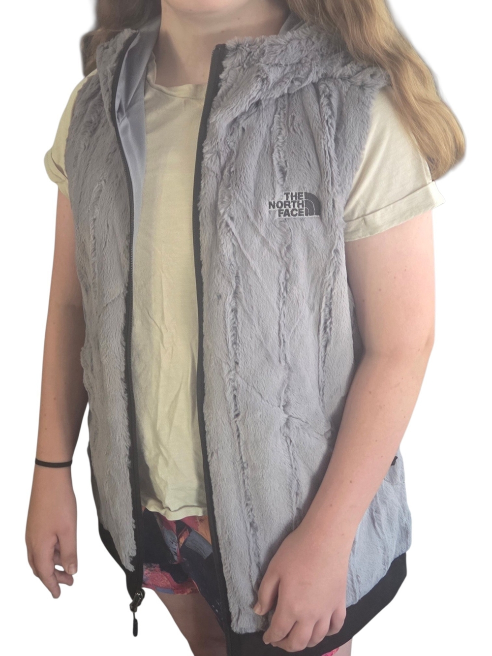 The North Face Women’s Gray Furry Fleece Hooded Vest Size M Full Zip